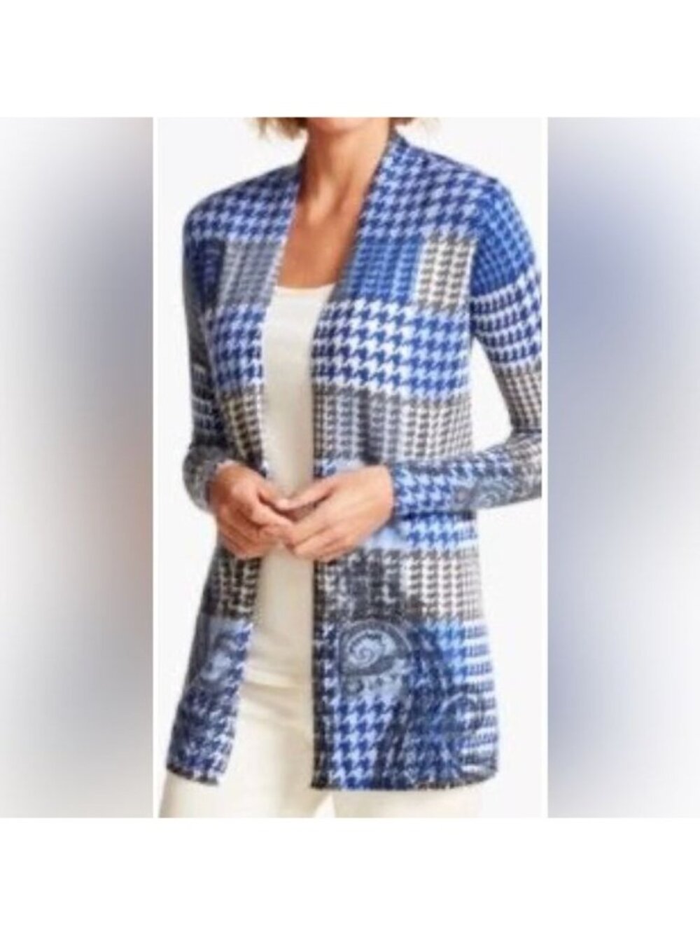 Talbots Merino Wool Blue Paisley Houndstooth Open Cardigan Women's 1X black whit - Picture 3 of 7